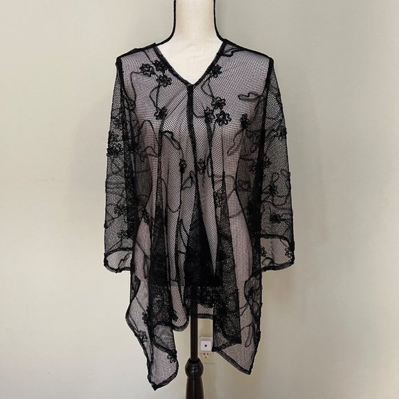 Women's Kimono Top Beach Cover Up V Neck Sheer Fishnet Mesh Black One Size - Picture 9 of 12